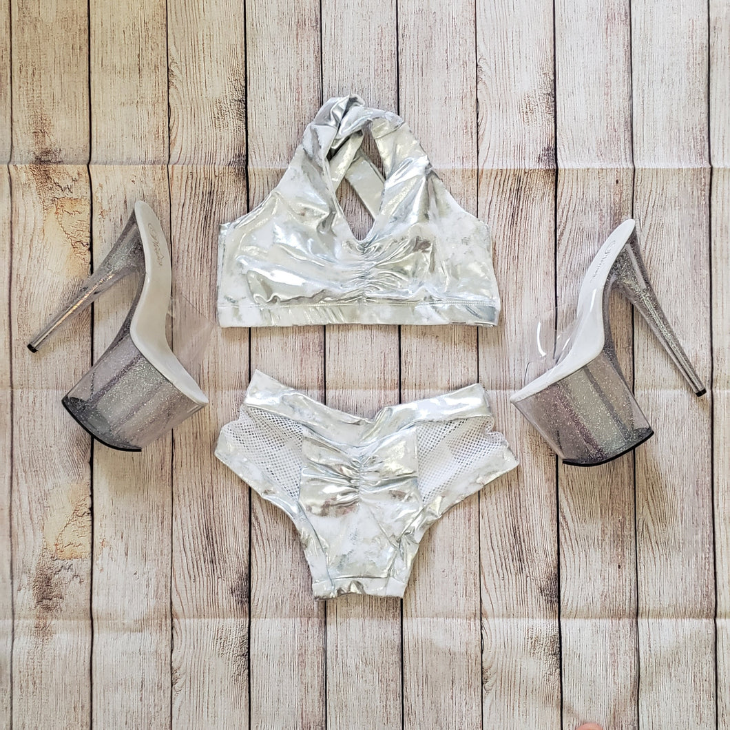 white fishnet & silver pole dance shorts