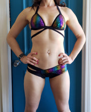 Rainbow Sparkle print low rise, cheeky, bandage bikini bottom with scrunch butt.  Designed for pole dance, raves, festivals, and the beach.